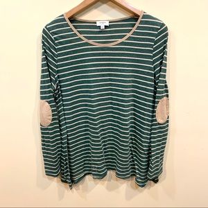 Umgee green Suede trim and elbow patches striped tunic top